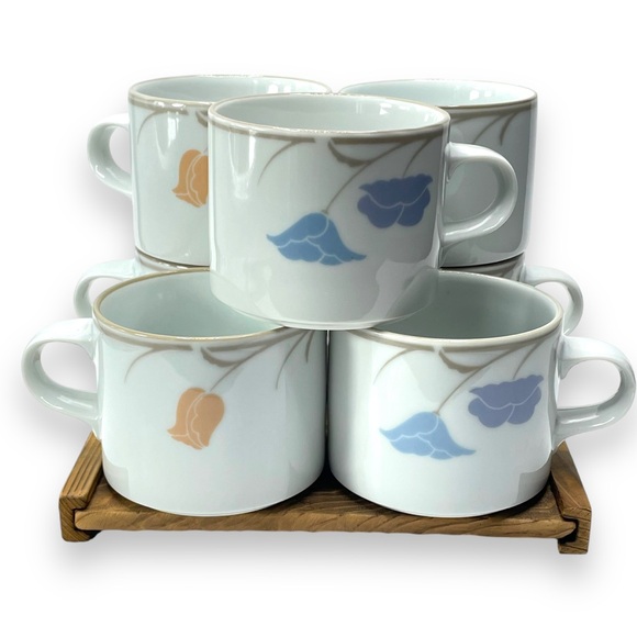 Dansk Set of 7 Trivoli "Belle Fleurs" Blue & Apricot Floral 8oz. Coffee Tea Mugs - Picture 2 of 10